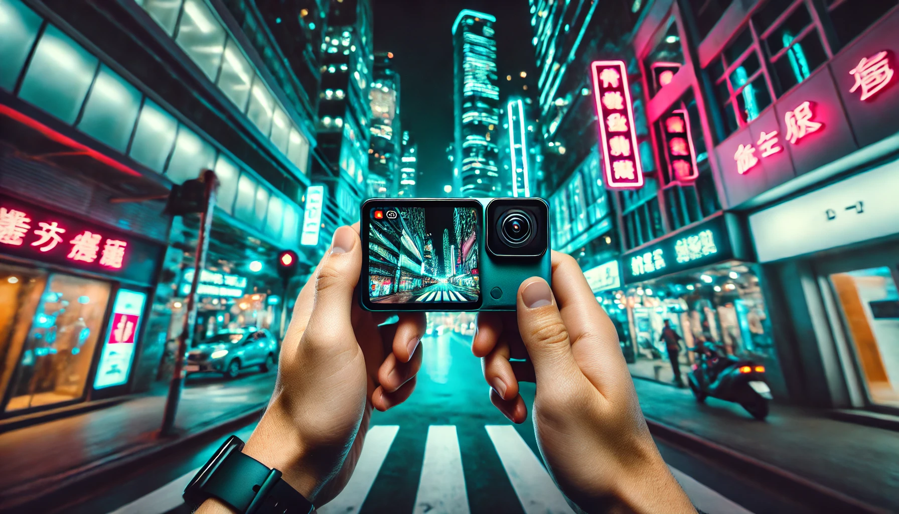 DALL·E 2025-03-05 17.29.29 – A first-person POV view of someone recording with smart glasses, showing hands holding a small camera while capturing a vibrant urban street scene at DALL·E 2025-03-05 17.29.29 - A first-person POV view of someone recording with smart glasses, showing hands holding a small camera while capturing a vibrant urban street scene at