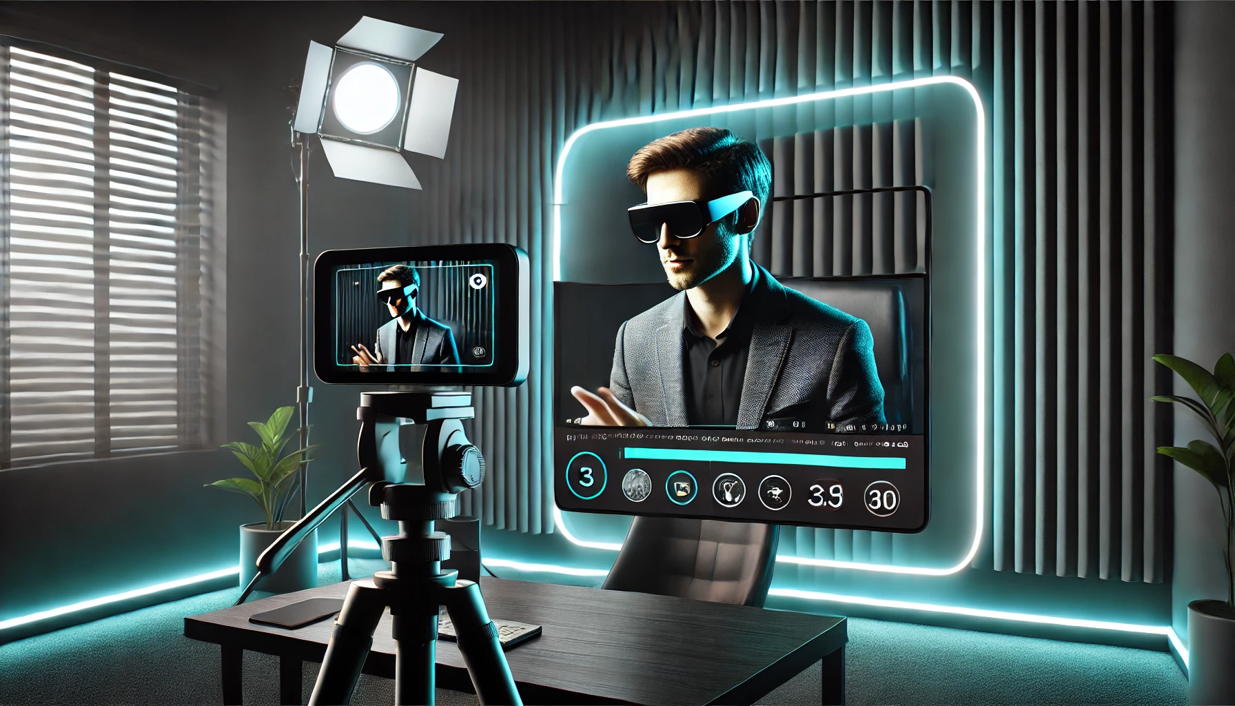 DALL·E 2025-03-05 18.37.13 – A modern third-person view of a creator wearing smart glasses, filming content in a sleek, minimalist studio with teal accent lighting. The scene has DALL·E 2025-03-05 18.37.13 - A modern third-person view of a creator wearing smart glasses, filming content in a sleek, minimalist studio with teal accent lighting. The scene has